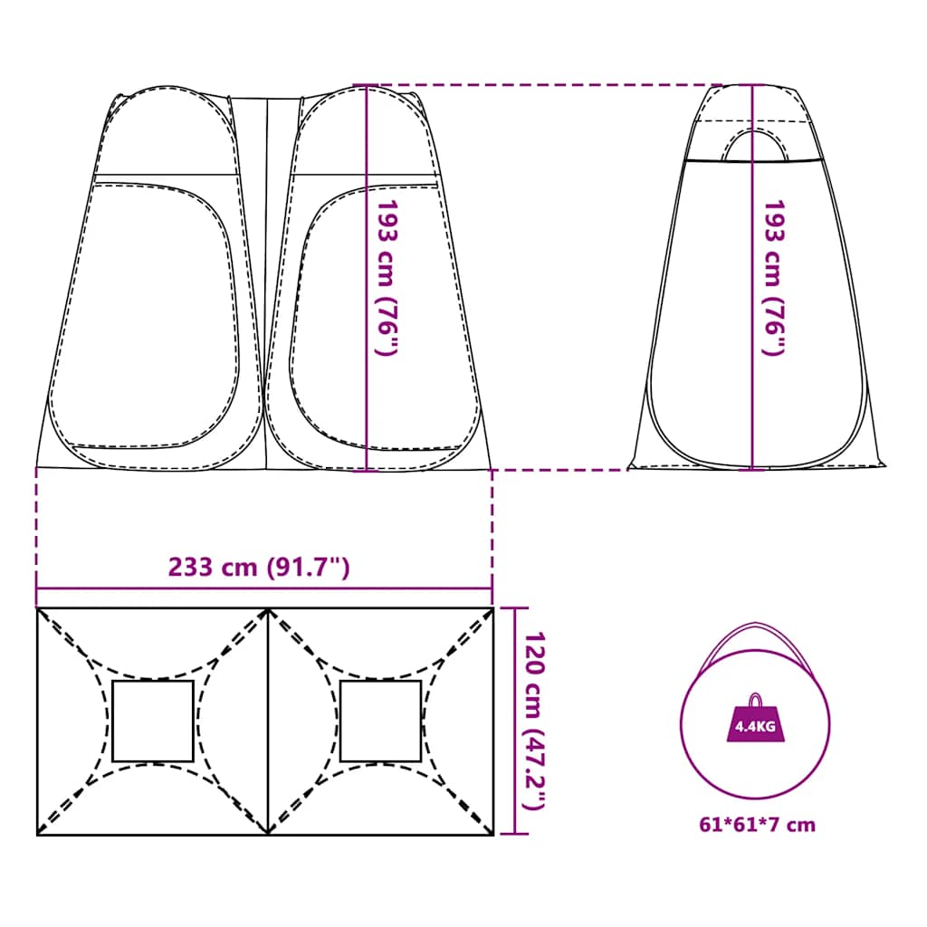 Detail van de afmetingen en ontwerpkenmerken van de vidaXL pop-up privacytent.