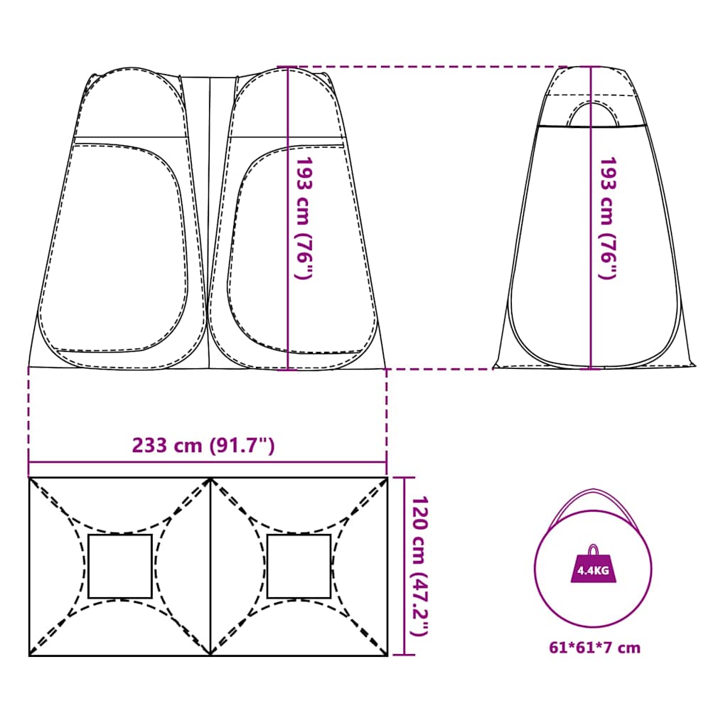Detailtekening van de vidaXL pop-up privacytent met afmetingen en opbergmogelijkheden.