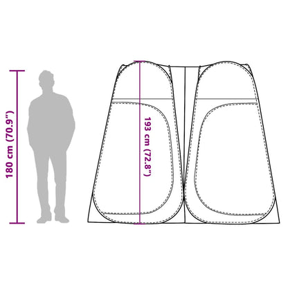Zijaanzicht van de vidaXL pop-up privacytent met afmetingen en persoon voor schaal.