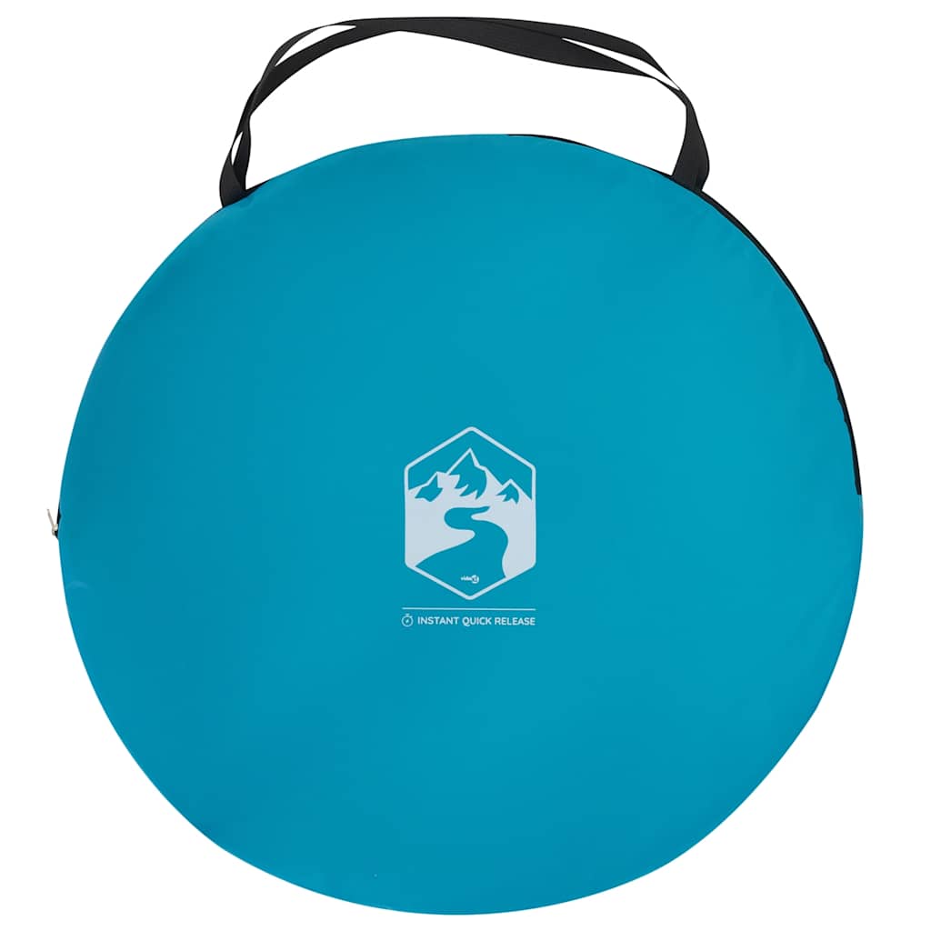 Blauwe vidaXL privacytent in opgevouwen staat met handvat en logo.