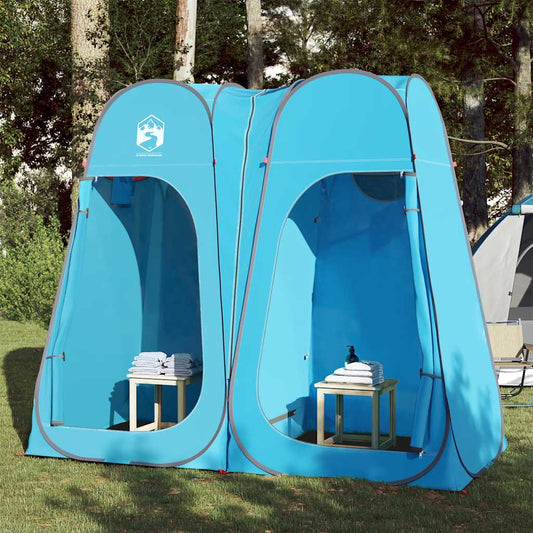 Blauwe vidaXL privacytent met waterdicht ontwerp en twee omkleedruimtes in een groene omgeving.