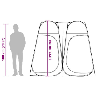 Zijaanzicht van de vidaXL privacytent met afmetingen en silhouet van een persoon.