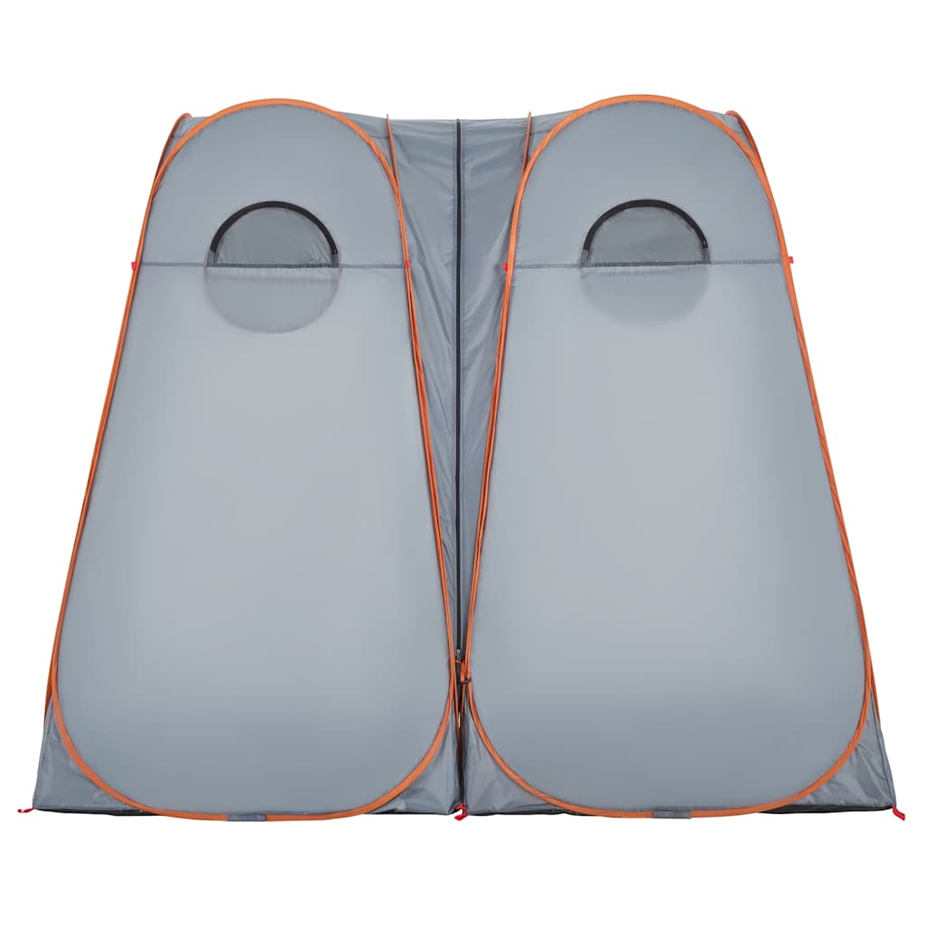 Zijaanzicht van de vidaXL pop-up privacytent in grijs en oranje met ventilatieramen.
