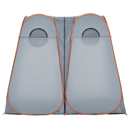 Zijaanzicht van de vidaXL pop-up privacytent in grijs en oranje met ventilatieramen.