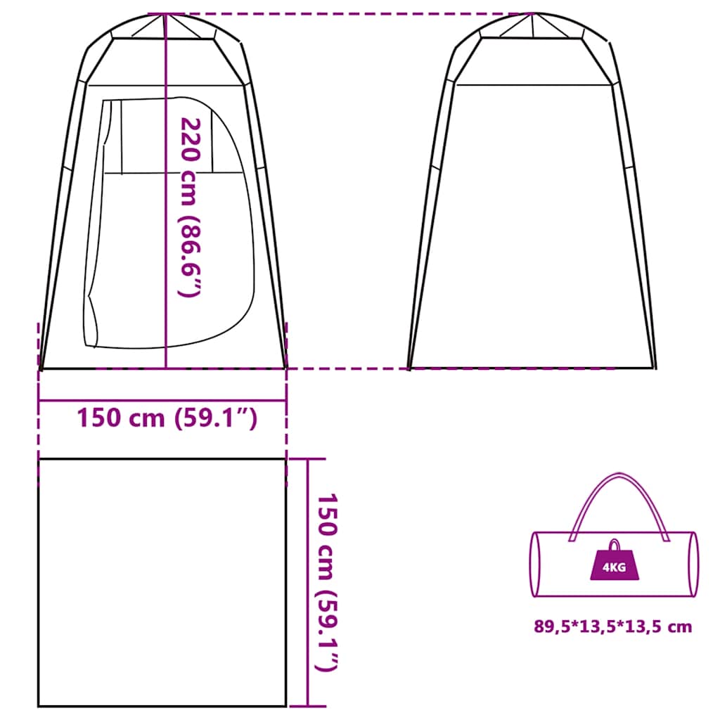 Detailtekening van de vidaXL privacytent met afmetingen en draagtas.