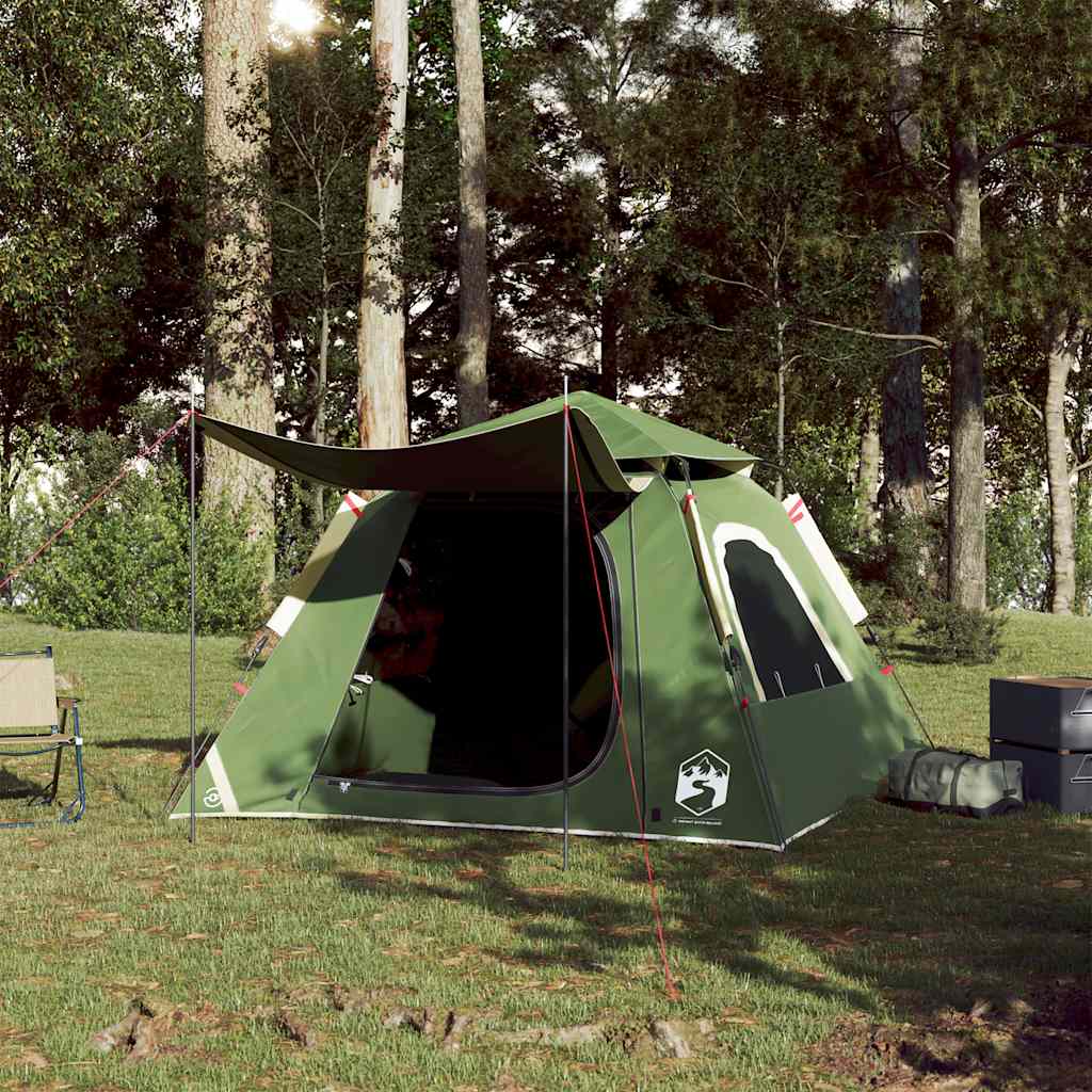 Detail van de vidaXL koepeltent in groen met luifel, opgesteld in een bosrijke omgeving.
