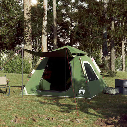 Detail van de vidaXL koepeltent in groen met luifel, opgesteld in een bosrijke omgeving.