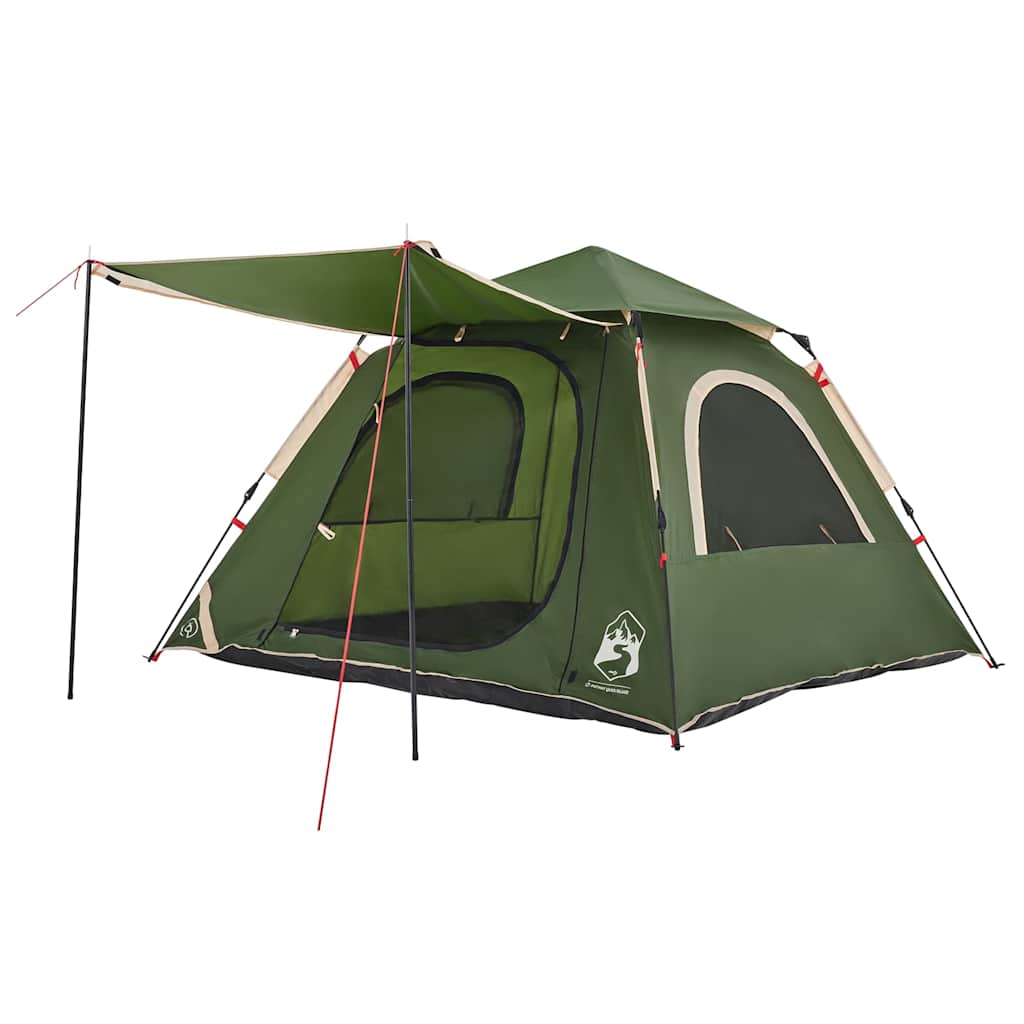 Detail van de vidaXL koepeltent in groen met luifel en zijvenster.