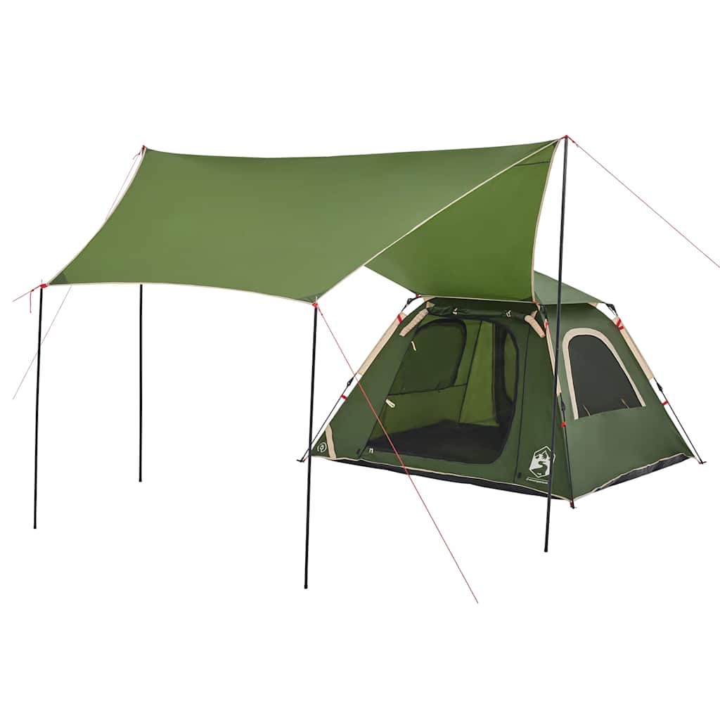 Detail van de vidaXL koepeltent met groene luifel en koningsstokken.