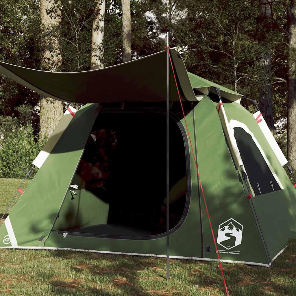 Groene vidaXL koepeltent voor vier personen met luifel en snelontgrendeling.