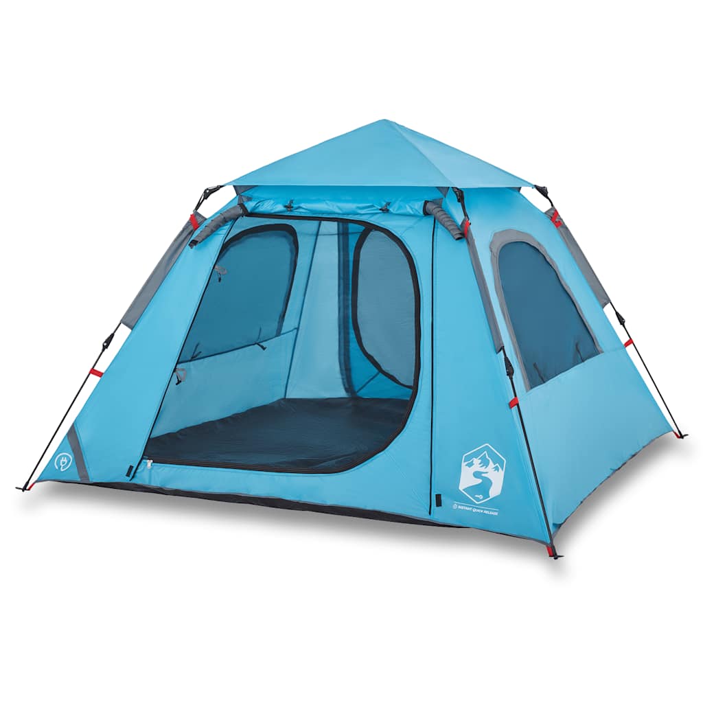 Zijaanzicht van de vidaXL koepeltent in blauw, met open ingang en ventilatieroosters.