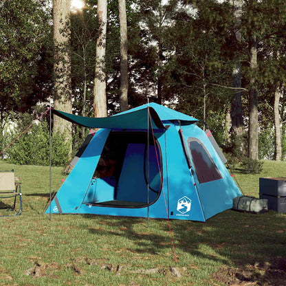 Zijaanzicht van de vidaXL koepeltent in blauw, opgesteld in een bosrijke omgeving.