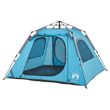 Zijaanzicht van de vidaXL koepeltent in blauw met open ingangen en ventilatie.