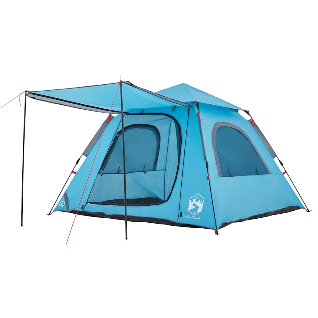 Detail van de vidaXL koepeltent in blauw met openstaande ingang en zijluifel.