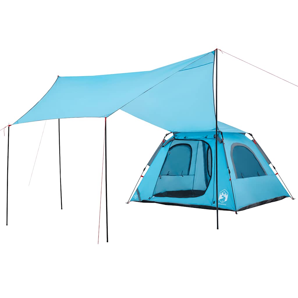Detail van de vidaXL koepeltent in blauw met een beschutte luifel.