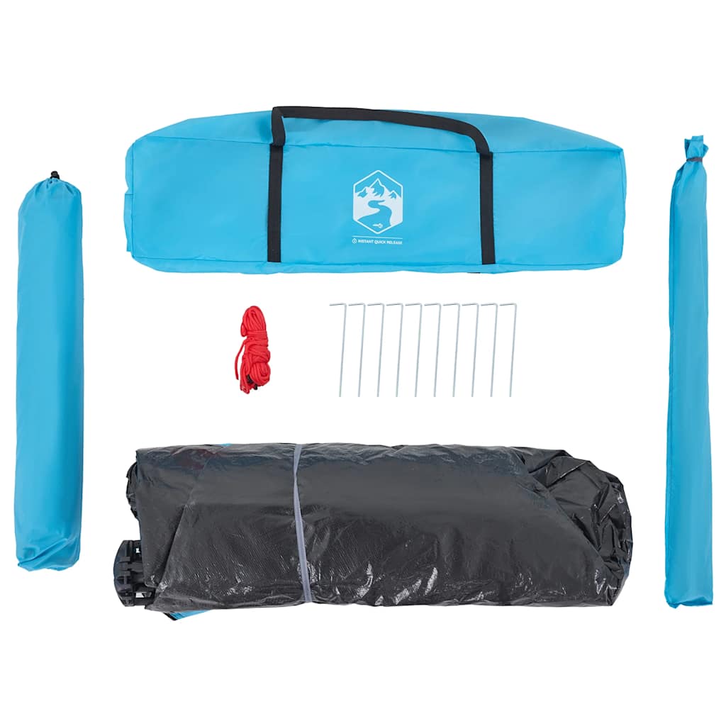 Detail van de blauwe vidaXL koepeltent met tentstokken, haringen en opbergtas.
