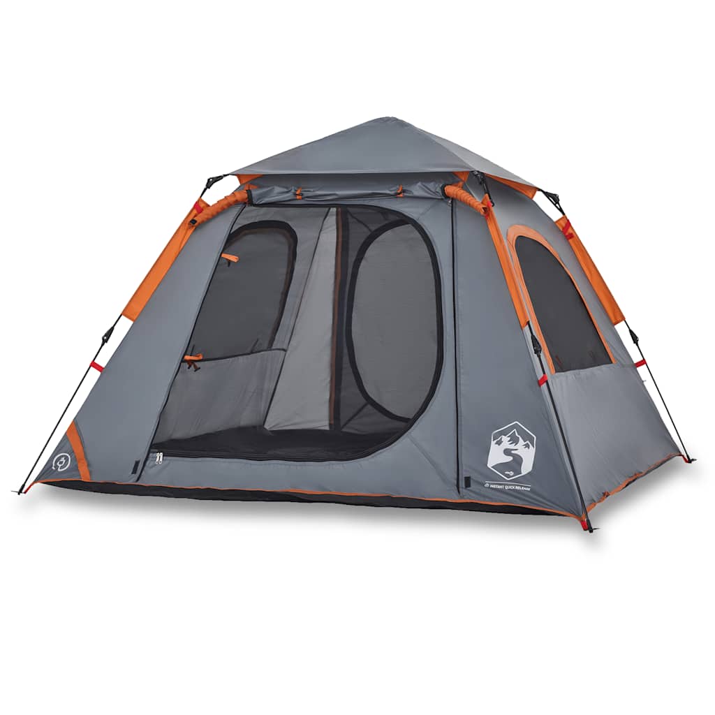 Detail van de vidaXL koepeltent in grijs en oranje met open ingangen en ventilatieroosters.