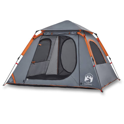 Detail van de vidaXL koepeltent in grijs en oranje met open ingangen en ventilatieroosters.