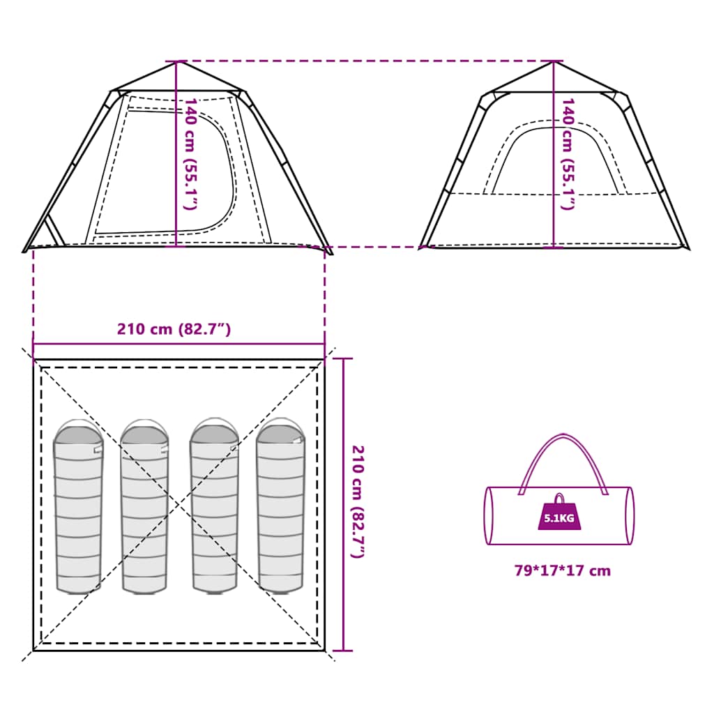Detail van de afmetingen en ontwerp van de vidaXL 4-persoons koepeltent in grijs en oranje.