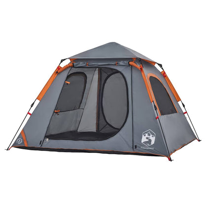 Detail van de vidaXL koepeltent met grijze en oranje accenten, zijaanzicht met open deur.