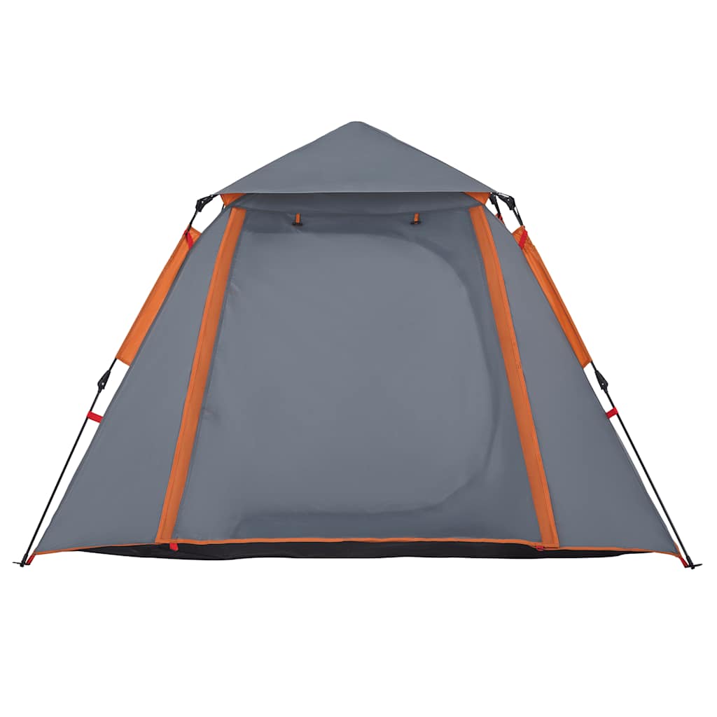 Detail van de grijs-oranje vidaXL koepeltent met open ingang en snelontgrendeling.