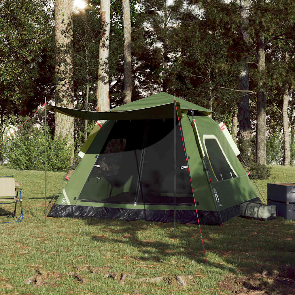 Detail van de vidaXL koepeltent in groen met open ingang en schaduwdoek.