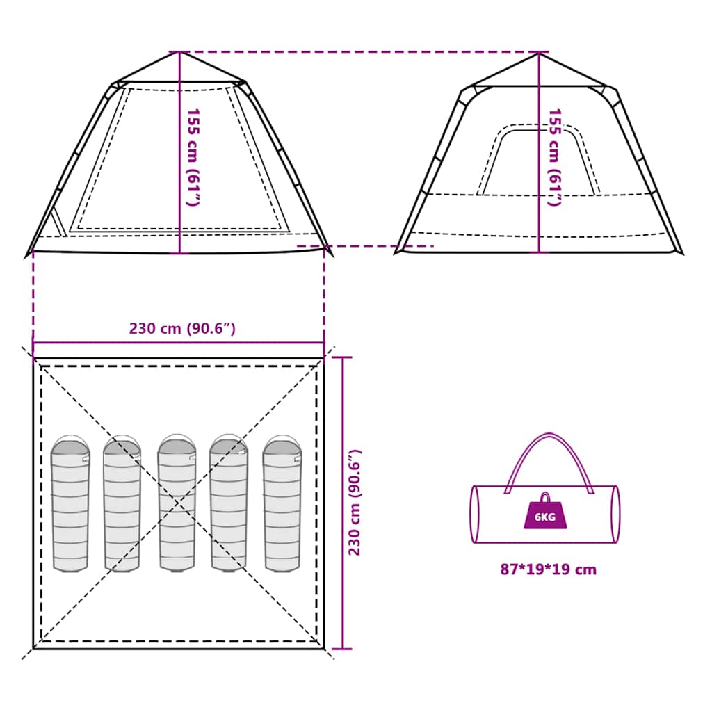 Detail van de afmetingen en indeling van de vidaXL 5-persoons koepeltent in groen.