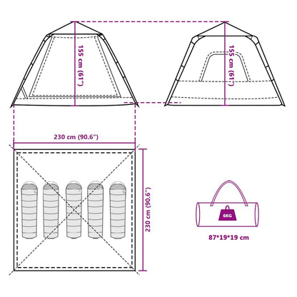 Detail van de afmetingen en indeling van de vidaXL 5-persoons koepeltent in groen.