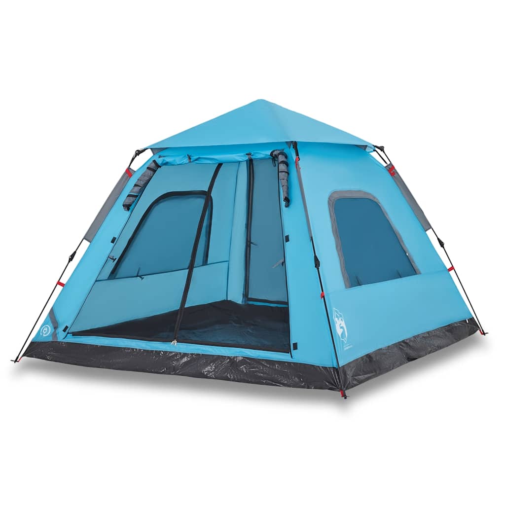 Detail van de vidaXL koepeltent in blauw met open ingangen en ventilatieroosters.
