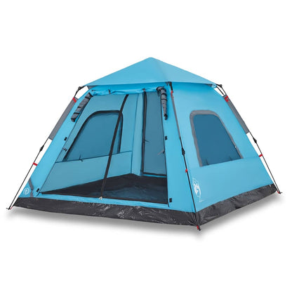 Detail van de vidaXL koepeltent in blauw met open ingangen en ventilatieroosters.