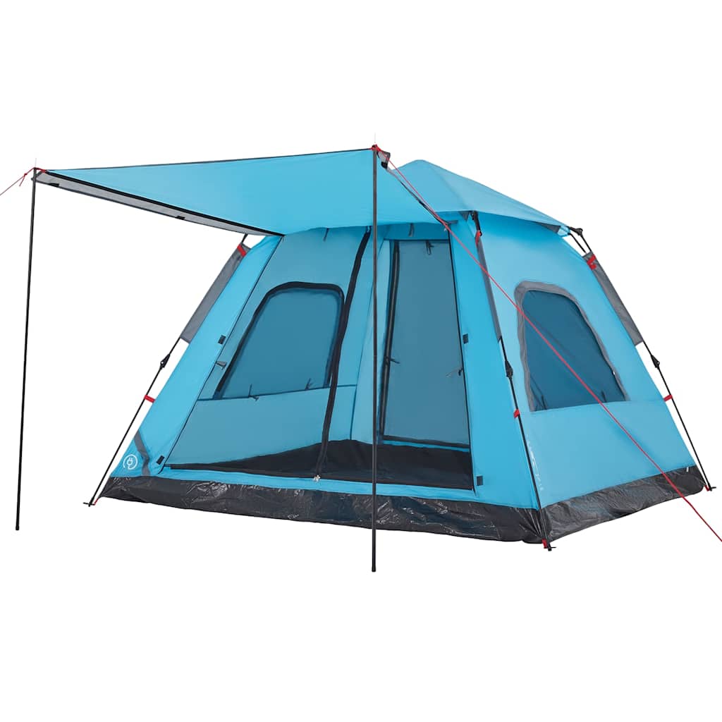 Detail van de vidaXL koepeltent in blauw met zijluifel en gaasramen.
