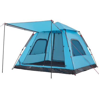 Detail van de vidaXL koepeltent in blauw met zijluifel en gaasramen.