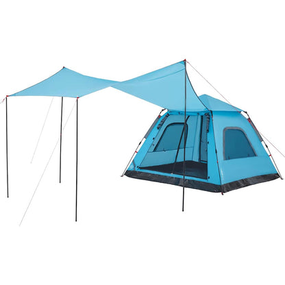 Detail van de vidaXL koepeltent met blauwe kleur en uitklapbare zonbescherming.