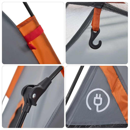 Detail van de bevestigingshaak en snelspansysteem van de vidaXL koepeltent in grijs en oranje.