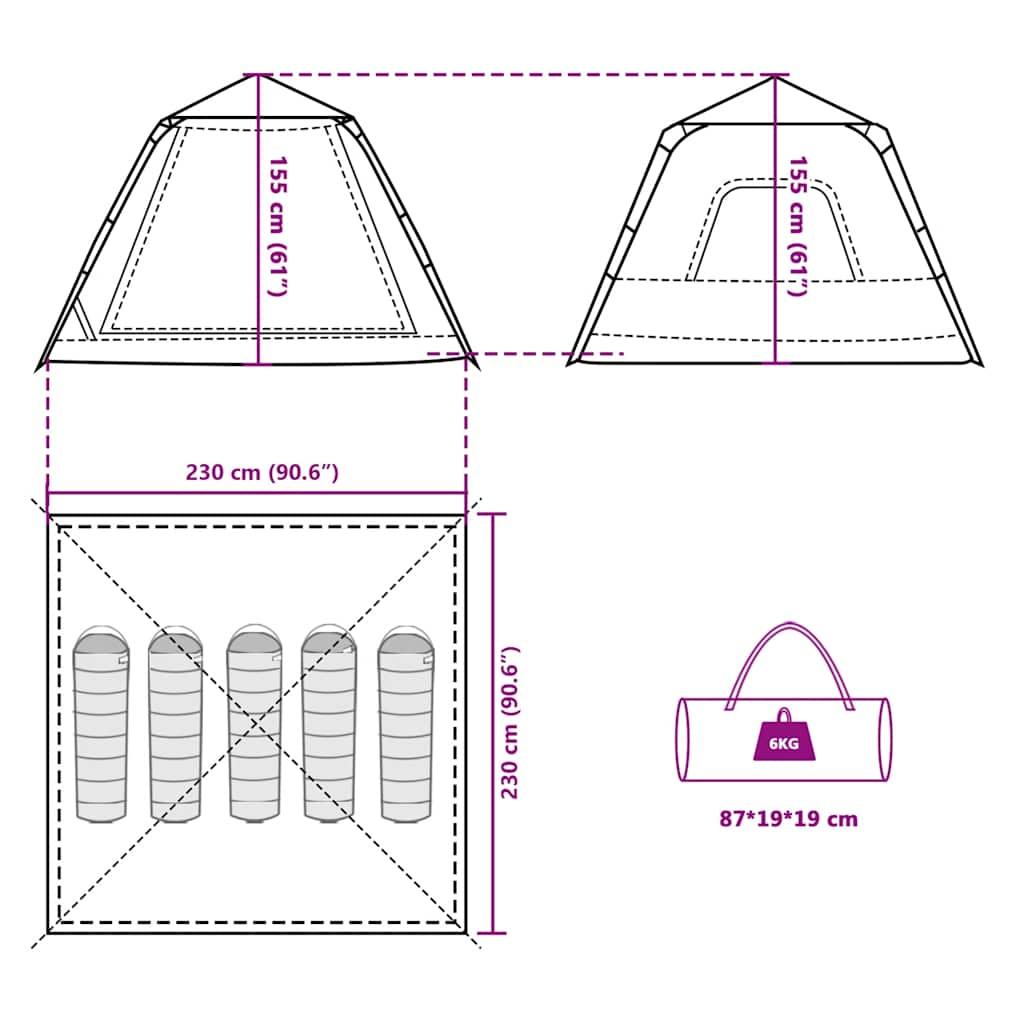 Detailtekening van de vidaXL koepeltent met afmetingen en indeling voor 5 personen.