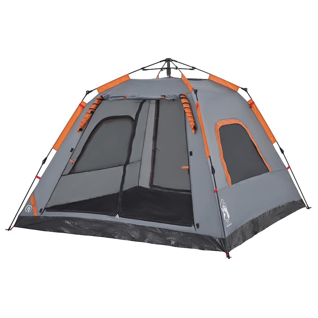 Zijaanzicht van de vidaXL koepeltent met grijs en oranje details, open ingang.