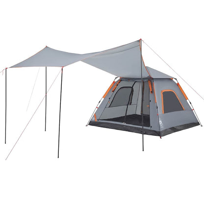Detail van de vidaXL koepeltent met grijze en oranje accenten, inclusief afdak.