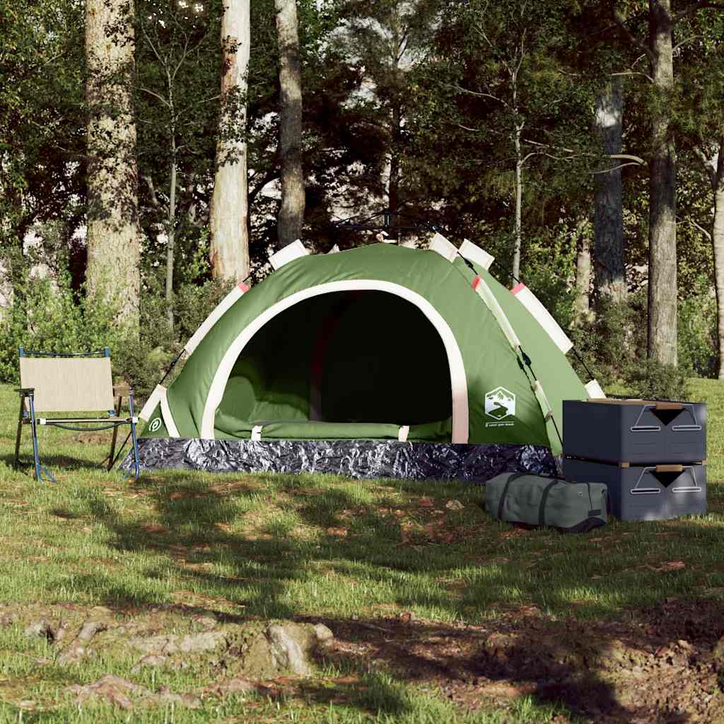 Detail van de vidaXL 2-persoons tent in het groen, opgezet in een bosrijke omgeving.