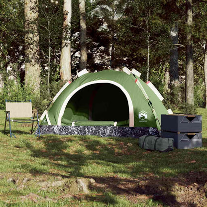 Detail van de vidaXL 2-persoons tent in het groen, opgezet in een bosrijke omgeving.