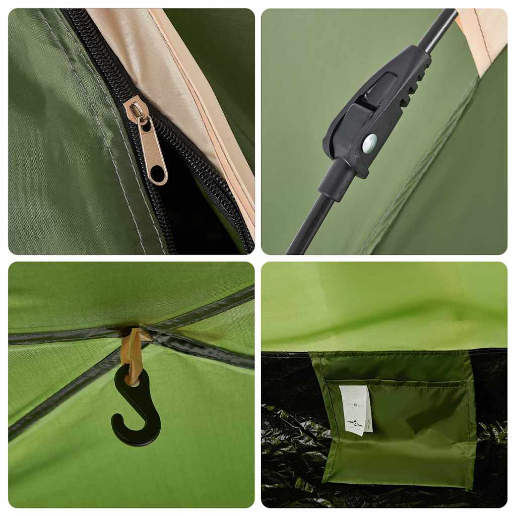 Detail van de rits en haakjes binnenin de vidaXL 2-persoons tent in groen.