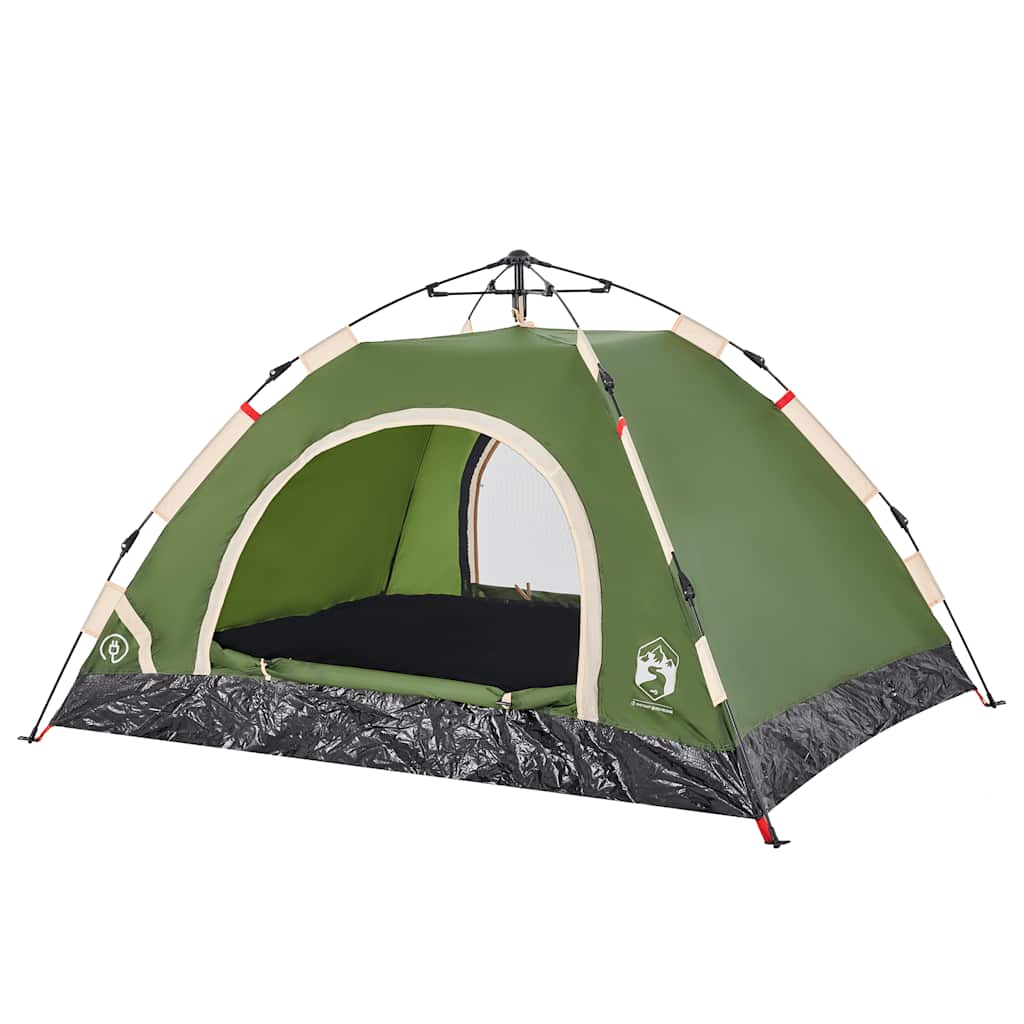 Detail van de vidaXL 2-persoons tent in groen, met snelontgrendeling en open ingangsflap.