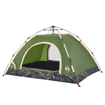 Detail van de vidaXL 2-persoons tent in groen, met snelontgrendeling en open ingangsflap.