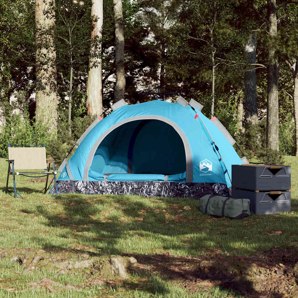 Blauwe vidaXL tent voor twee personen, zijaanzicht met open ingang in de natuur.