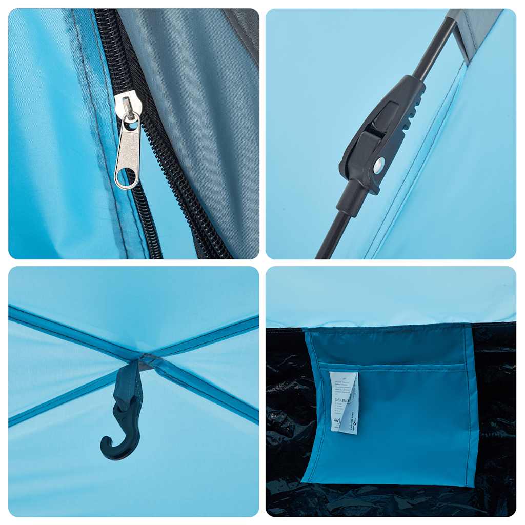 Detail van de rits en bevestigingshaak in de vidaXL 2-persoons tent, blauw.