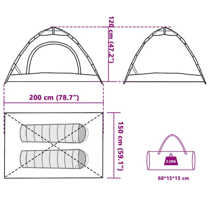 Technische tekening van de vidaXL 2-persoons tent met afmetingen en opbergzak.