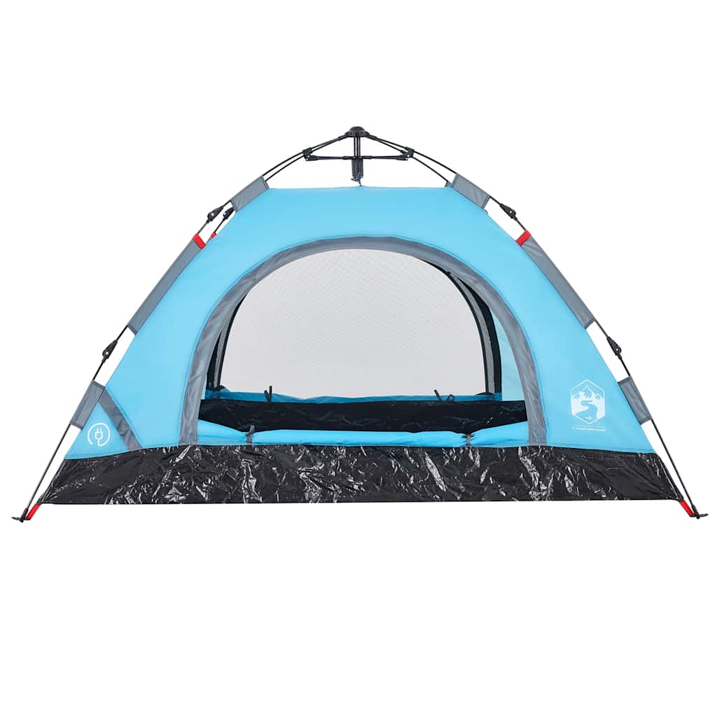 Detail van de vidaXL 2-persoons tent in blauw, met een zijaanzicht en gaasvenster.