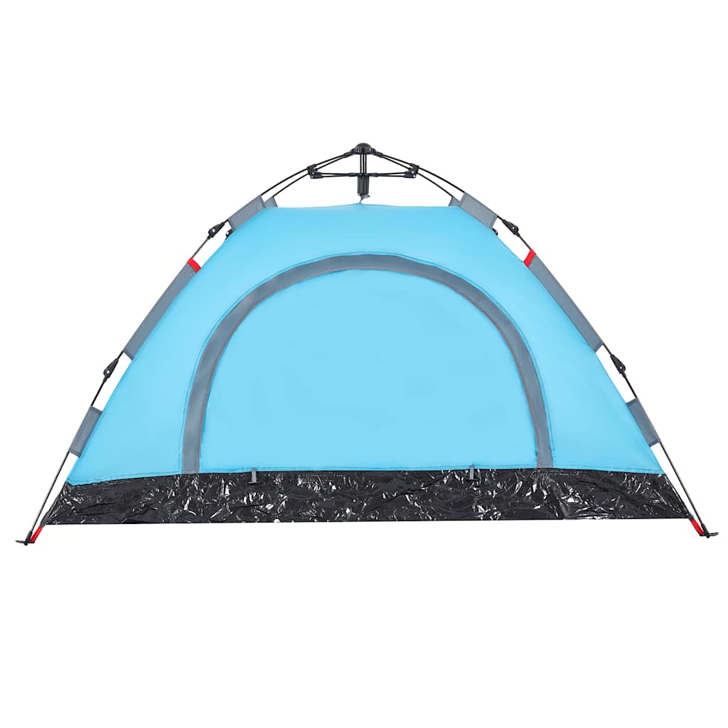 Detail van de blauwe vidaXL tent met snelontgrendeling, zijaanzicht van de ingang.