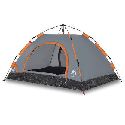 Detail van de vidaXL 2-persoons tent in grijs met oranje accenten, zijaanzicht.