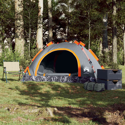 Zijaanzicht van de vidaXL 2-persoons tent in grijs en oranje, met open ingang.