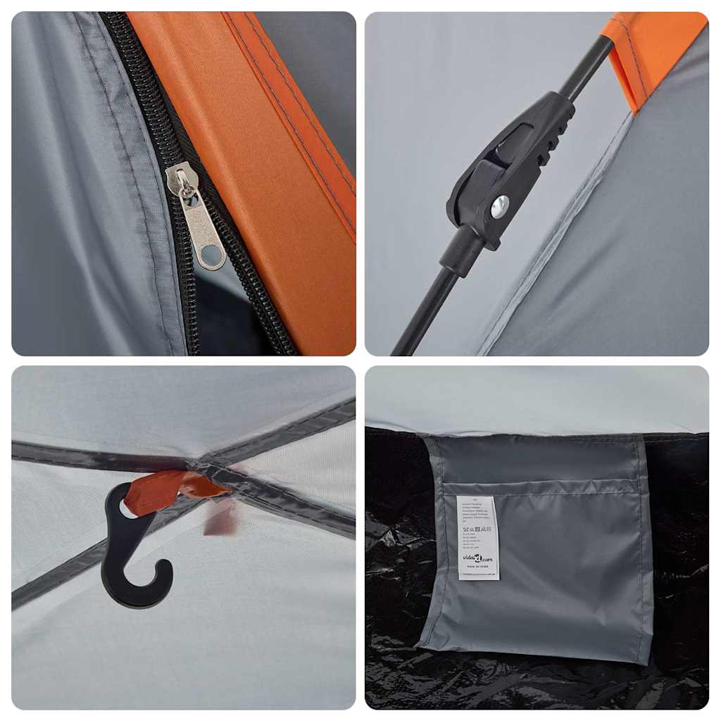Detail van de grijze vidaXL tent met oranje rits en snelontgrendelingsmechanisme.